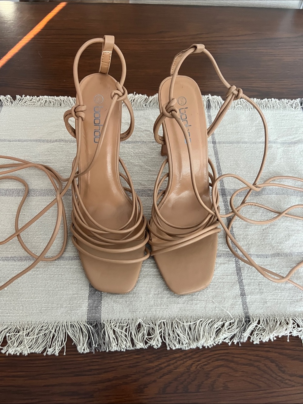 Boohoo Nude Lace-Up Strappy Square-Toe Heels